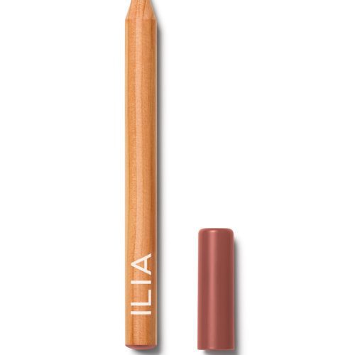 ILIA lip liner pencil with a natural wood finish, featuring a muted pink tip and matching cap placed beside it.