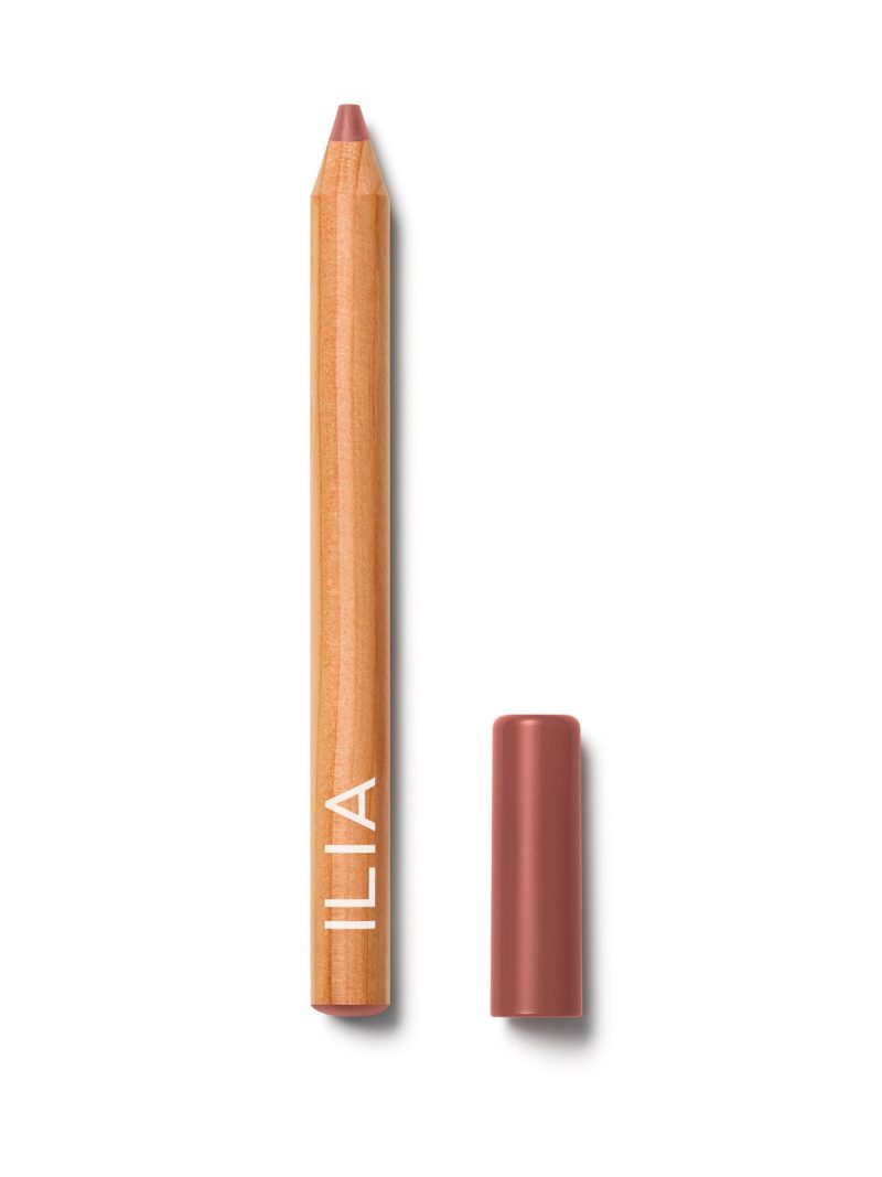 ILIA lip liner pencil with a natural wood finish, featuring a muted pink tip and matching cap placed beside it.