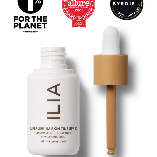 Image of Super Serum Skin Tint bottle next to the dropper applicator. Image includes seals for Allure Best of Beauty Award, Byrdie Eco Beauty Award, and the 1% for the Planet Member