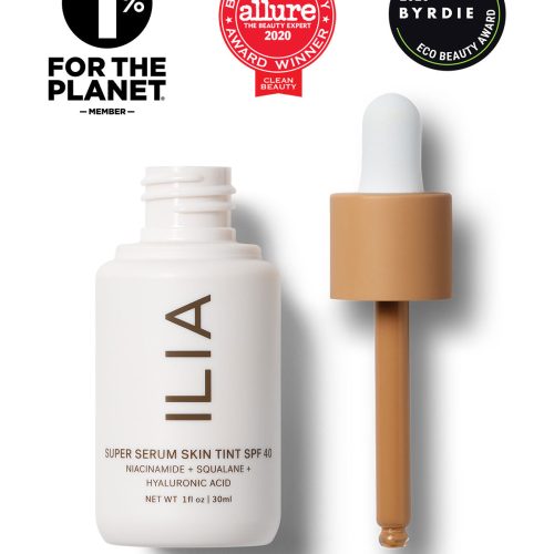 Image of Super Serum Skin Tint bottle next to the dropper applicator. Image includes seals for Allure Best of Beauty Award, Byrdie Eco Beauty Award, and the 1% for the Planet Member