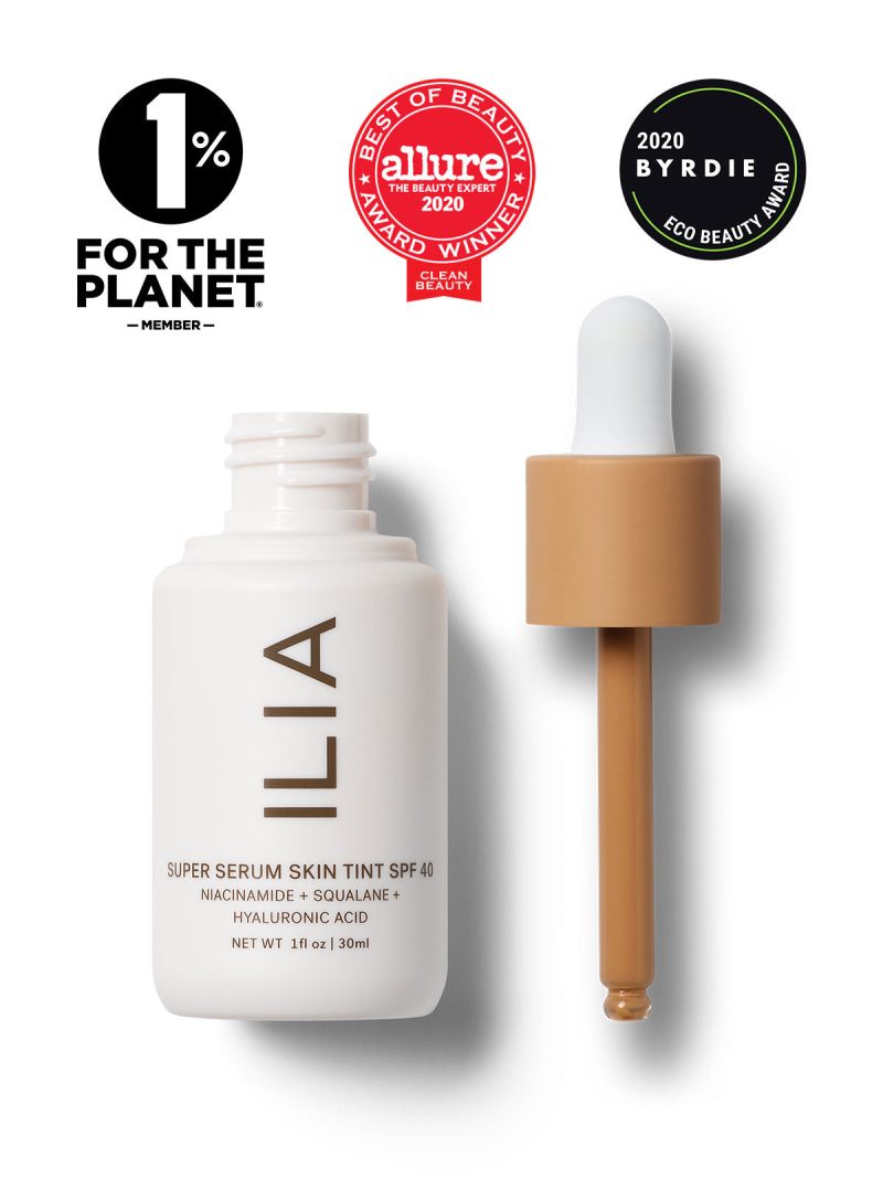 Image of Super Serum Skin Tint bottle next to the dropper applicator. Image includes seals for Allure Best of Beauty Award, Byrdie Eco Beauty Award, and the 1% for the Planet Member