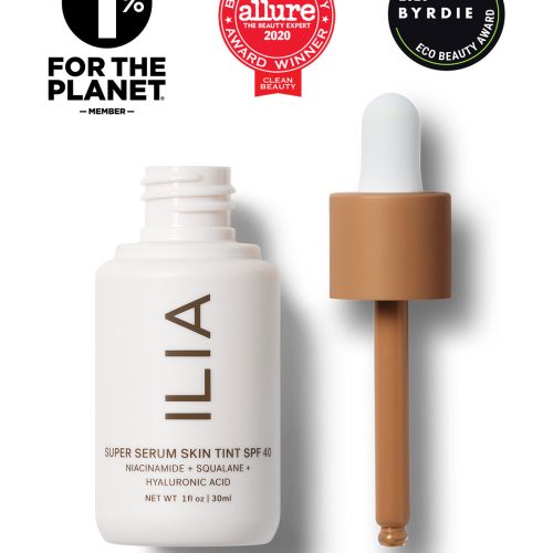 Image of Super Serum Skin Tint bottle next to the dropper applicator. Image includes seals for Allure Best of Beauty Award, Byrdie Eco Beauty Award, and the 1% for the Planet Member