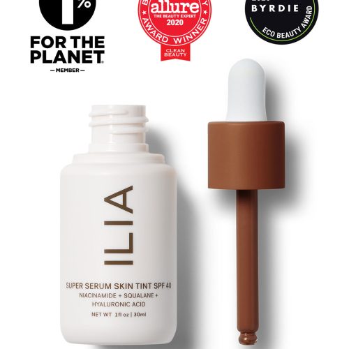 Image of Super Serum Skin Tint bottle next to the dropper applicator. Image includes seals for Allure Best of Beauty Award, Byrdie Eco Beauty Award, and the 1% for the Planet Member