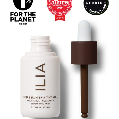 Image of Super Serum Skin Tint bottle next to the dropper applicator. Image includes seals for Allure Best of Beauty Award, Byrdie Eco Beauty Award, and the 1% for the Planet Member