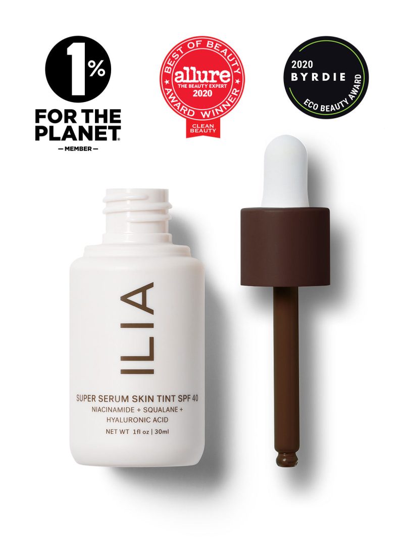 Image of Super Serum Skin Tint bottle next to the dropper applicator. Image includes seals for Allure Best of Beauty Award, Byrdie Eco Beauty Award, and the 1% for the Planet Member