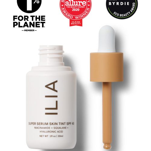 Image of Super Serum Skin Tint bottle next to the dropper applicator. Image includes seals for Allure Best of Beauty Award, Byrdie Eco Beauty Award, and the 1% for the Planet Member