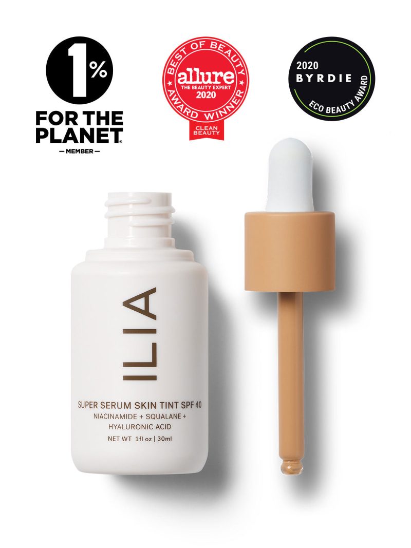 Image of Super Serum Skin Tint bottle next to the dropper applicator. Image includes seals for Allure Best of Beauty Award, Byrdie Eco Beauty Award, and the 1% for the Planet Member