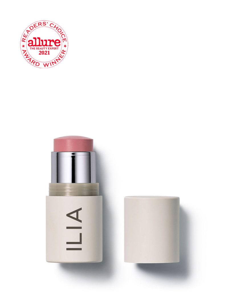 TenderlyILIA multi-stick in a sleek beige tube with a soft pink tip, paired with the Allure 2021 Readers' Choice Award badge.